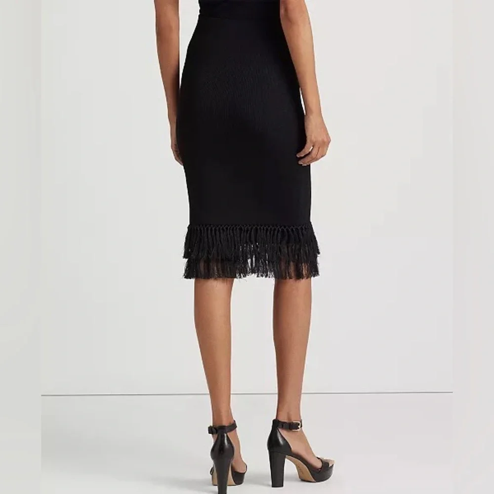 nwt $225 Lauren Ralph Lauren Rib-Knit Pencil Skirt with Fringe-Trim Black Small - Picture 6 of 15